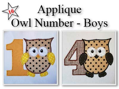 Applique Owl Boy Numbers Embroidery Machine Design