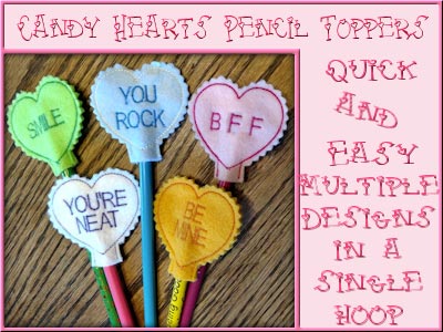 Candy Heart Pencil Toppers Embroidery Machine Design