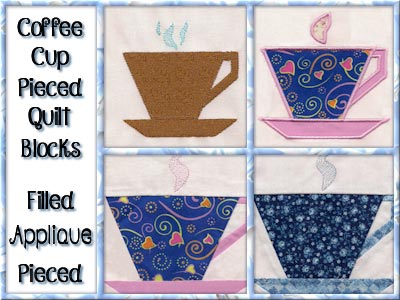 Coffee Cup Pieced Quilt Blocks Embroidery Machine Design