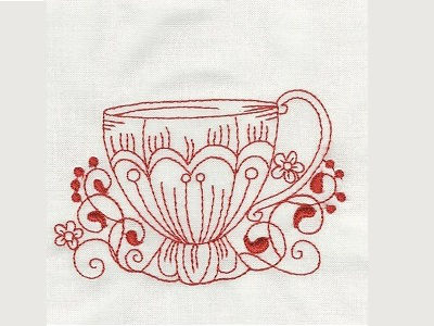 Fancy Tea Cups Redwork Embroidery Machine Design