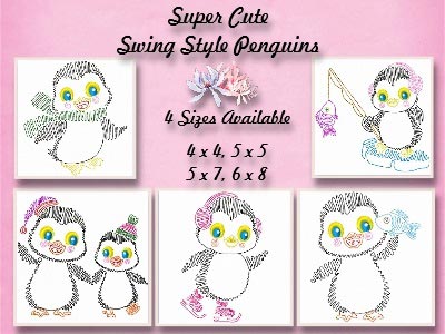 Swing Style Penguins Embroidery Machine Design