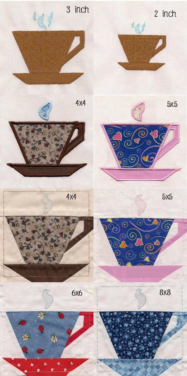 Coffee Cup Pieced Quilt Blocks Embroidery Machine Design Details