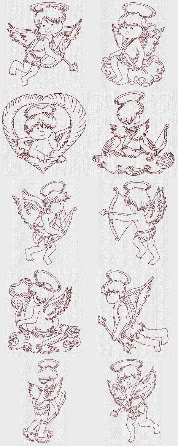 Cupid Redwork Embroidery Machine Design Details