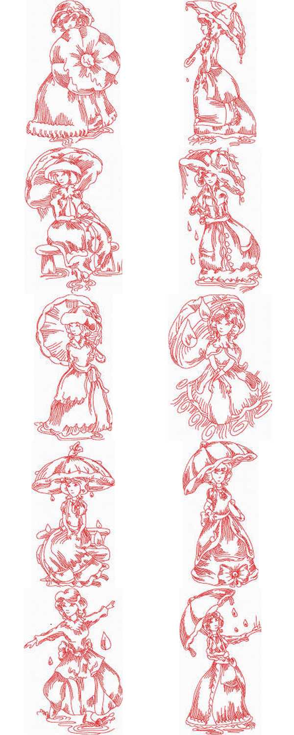 JN Victorian Ladies Rainy Day Embroidery Machine Design Details
