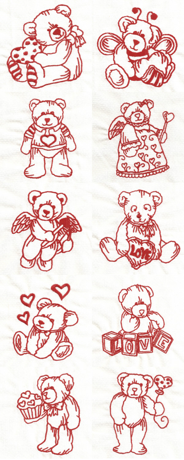 Redwork Valentine Teddies Embroidery Machine Design Details