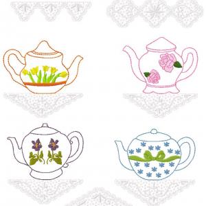 Floral Teapots Embroidery Machine Design