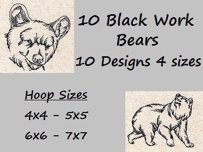 Black Work Bears Embroidery Machine Design
