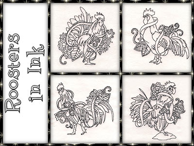 Roosters In Ink Embroidery Machine Design