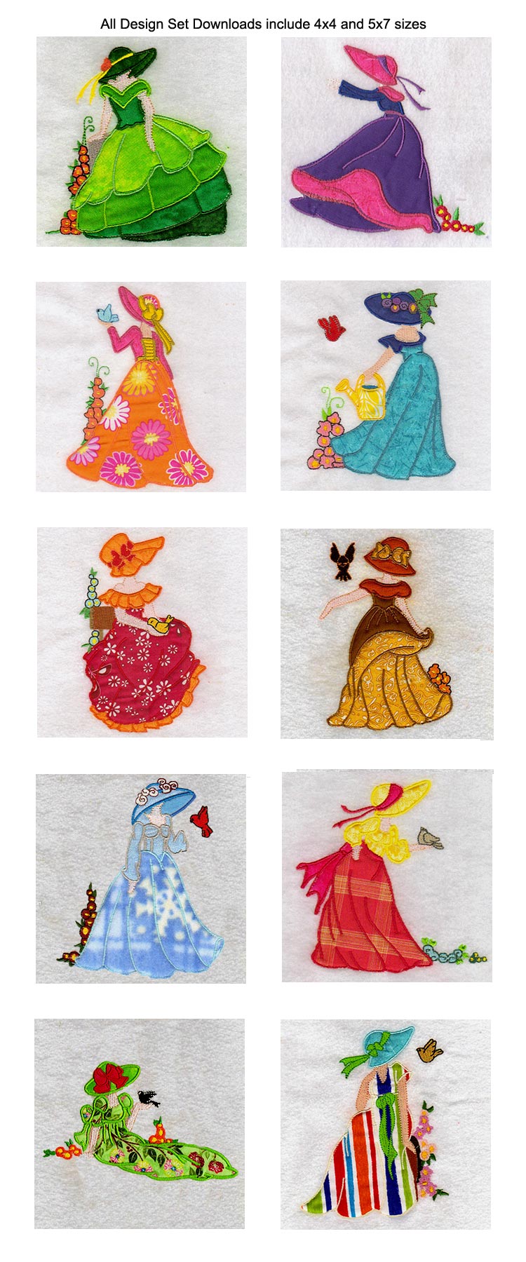 Applique Bonnets and Birds Embroidery Machine Design Details