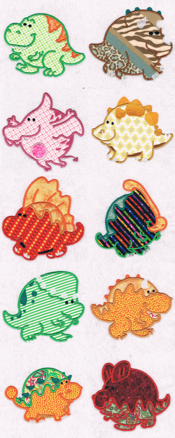 Applique Chubby Dinosaurs Embroidery Machine Design Details