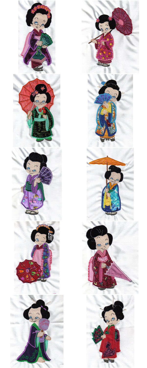 Applique Geishas Embroidery Machine Design Details