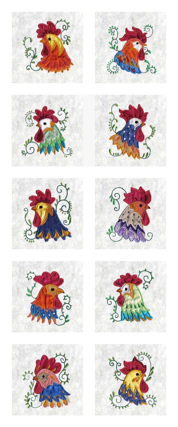 Applique Roosters Embroidery Machine Design Details