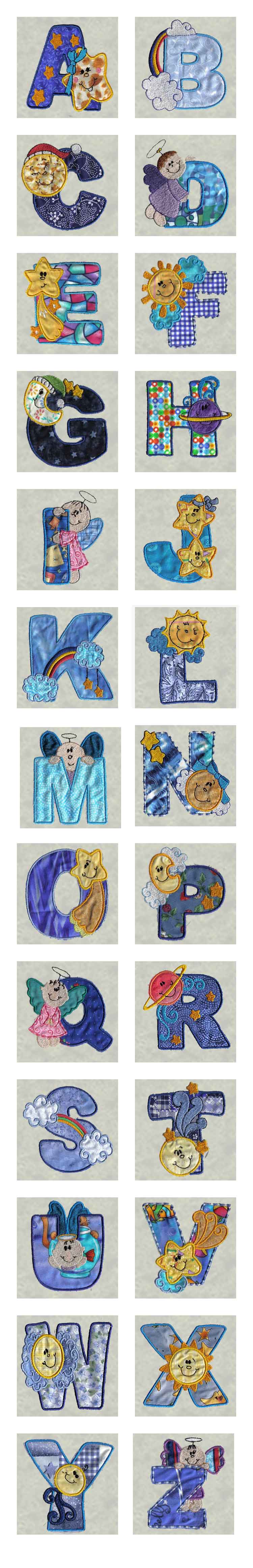 Applique Sky Alphabet Embroidery Machine Design Details