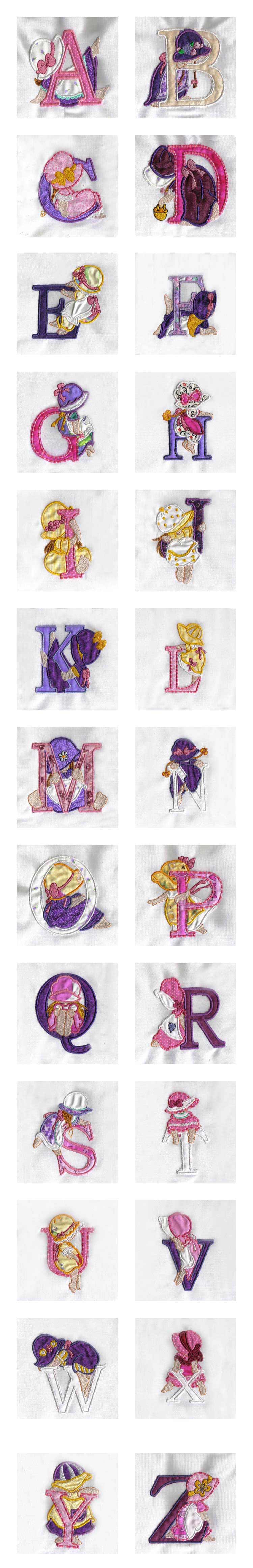 Applique Sunbonnet Alphabet Embroidery Machine Design Details