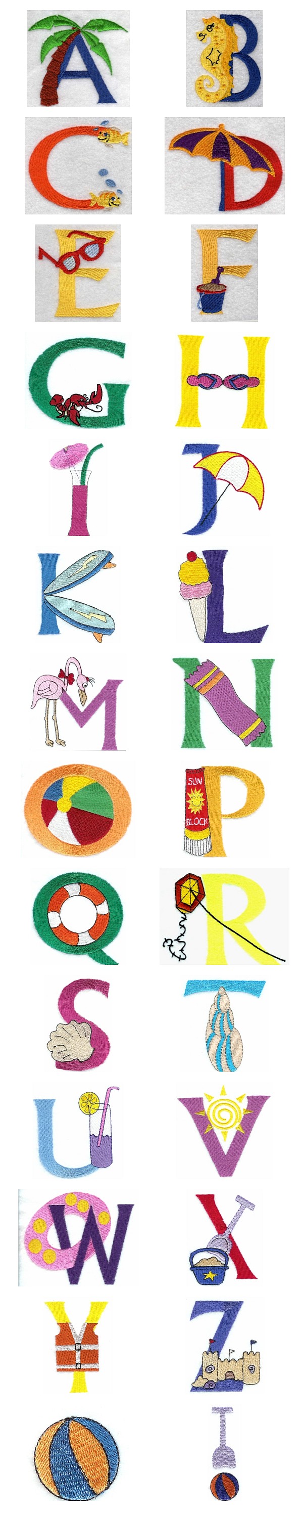 Beach Alphabet Embroidery Machine Design Details