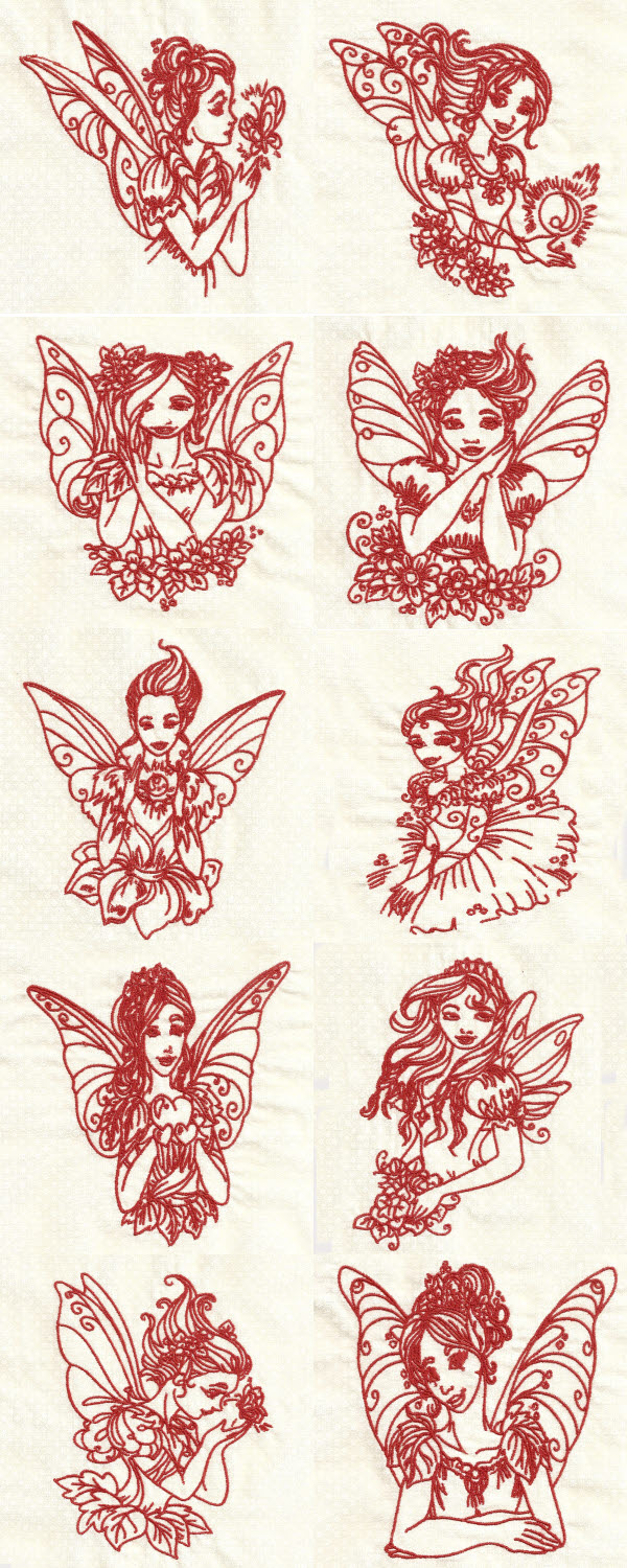 Beautiful Redwork Fairies Embroidery Machine Design Details