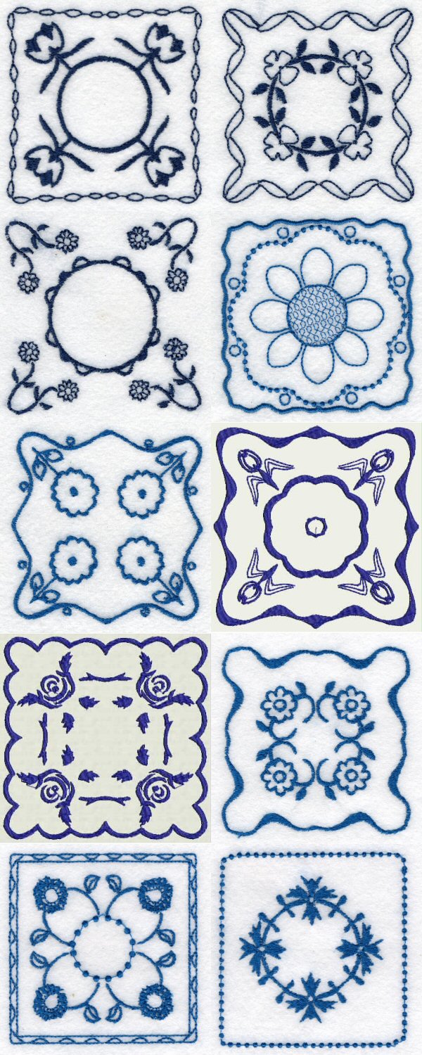 Blue Line Art Floral Blocks Embroidery Machine Design Details