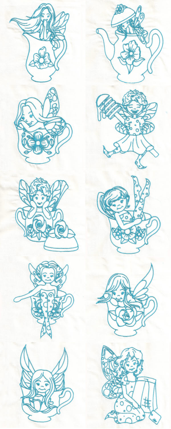 Bluework Teaset Fairies Embroidery Machine Design Details