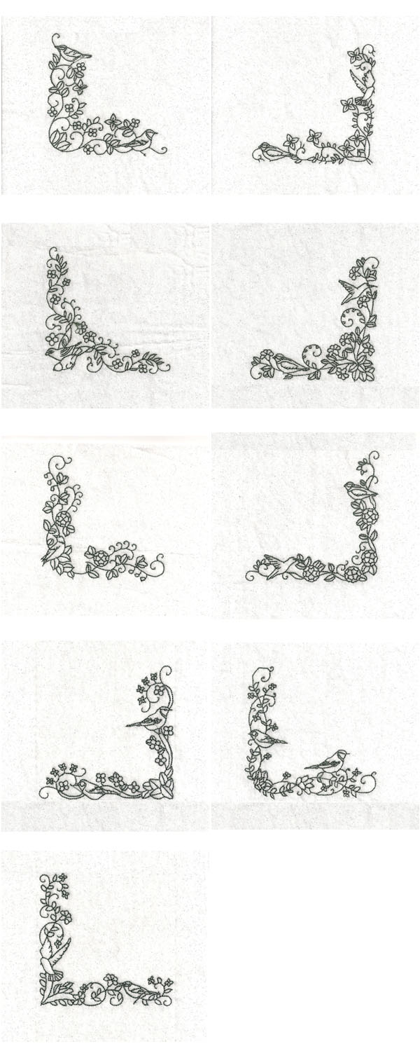 BW Bird Corners Embroidery Machine Design Details