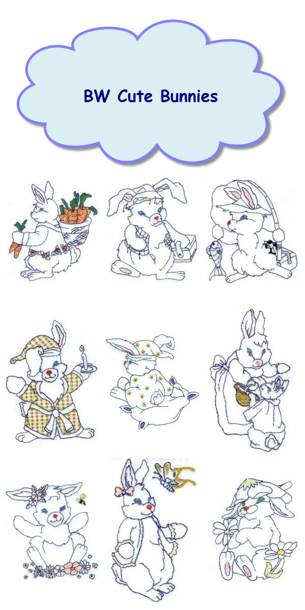 BW Cute Bunnies Embroidery Machine Design Details