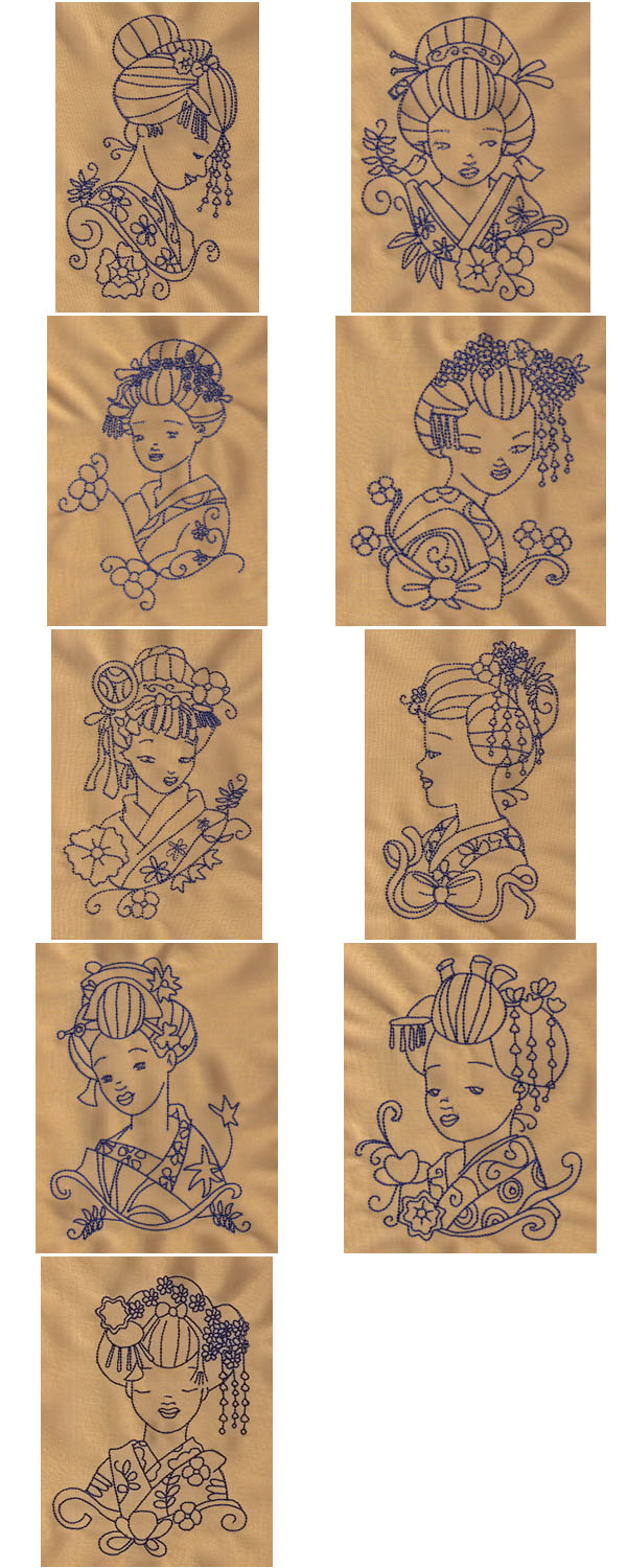 BW Geisha Woman Embroidery Machine Design Details