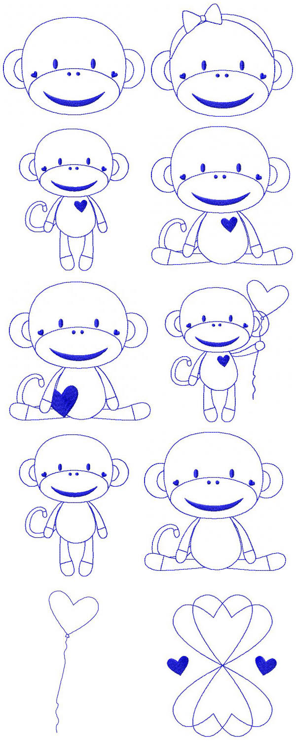 Bluework Sock Monkeys Embroidery Machine Design Details