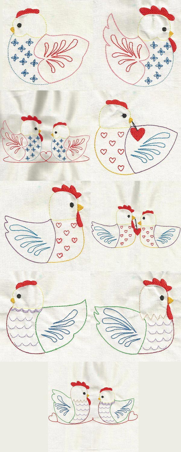 Colorline Folk Art Chickens Embroidery Machine Design Details