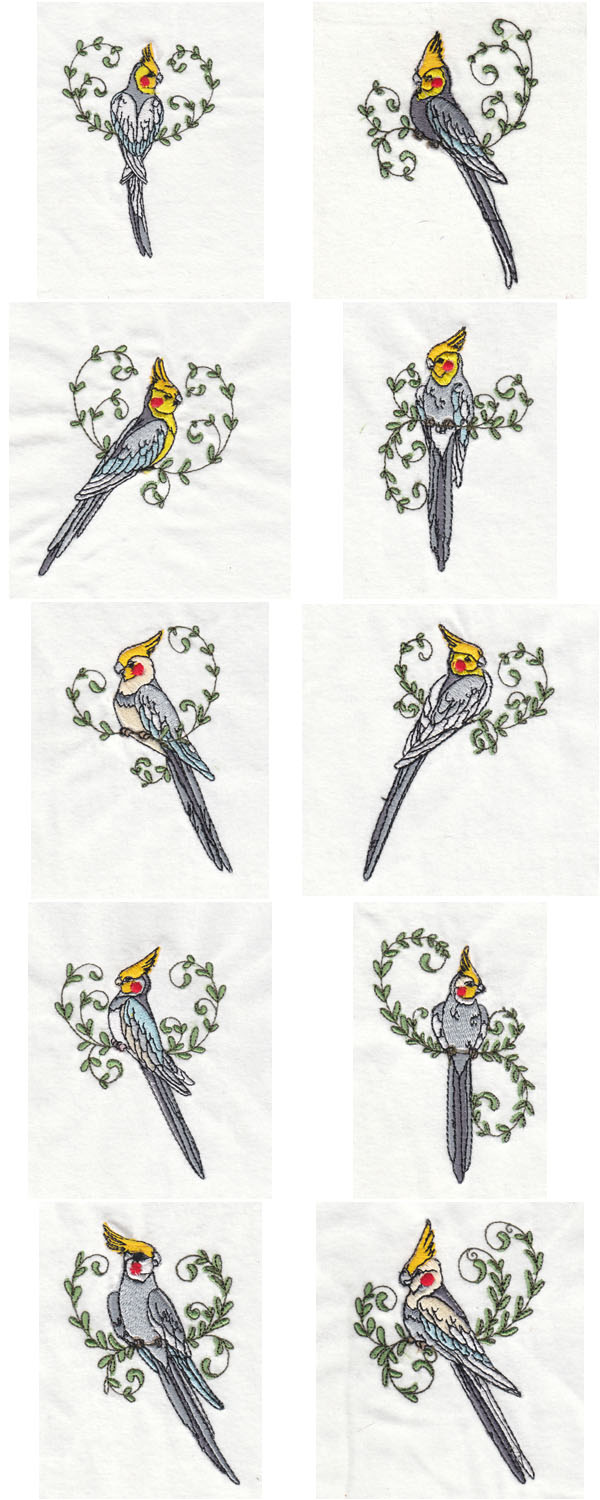 cockatiels machine embroidery contact sheet