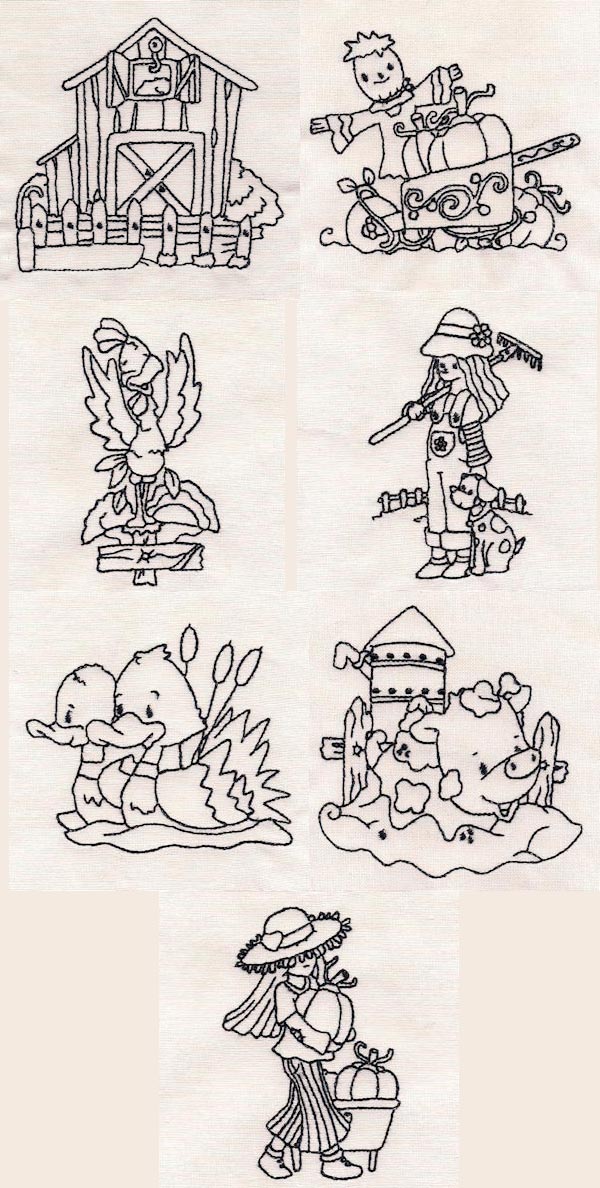 Down on the Farm Redwork Embroidery Machine Design Details