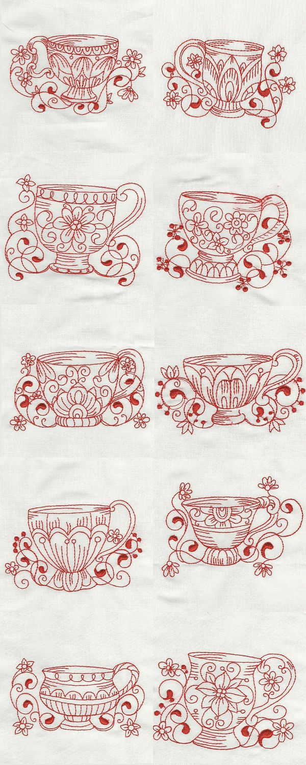 Fancy Tea Cups Redwork Embroidery Machine Design Details