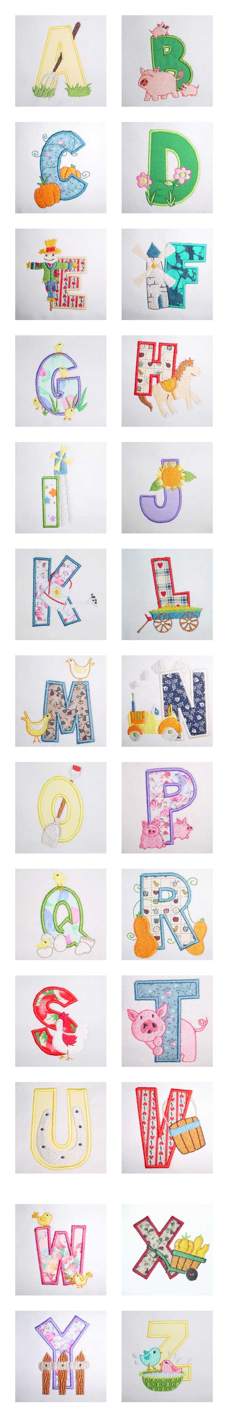 Farm Animal Applique Alphabet Embroidery Machine Design Details