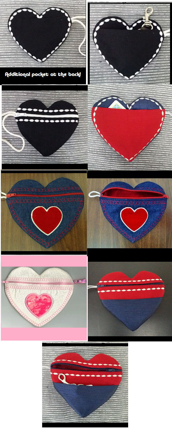 In The Hoop Zippered Heart Bags Embroidery Machine Design Details