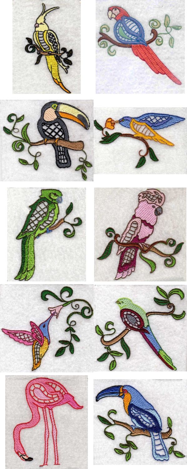 Jacobean Tropical Birds Embroidery Machine Design Details