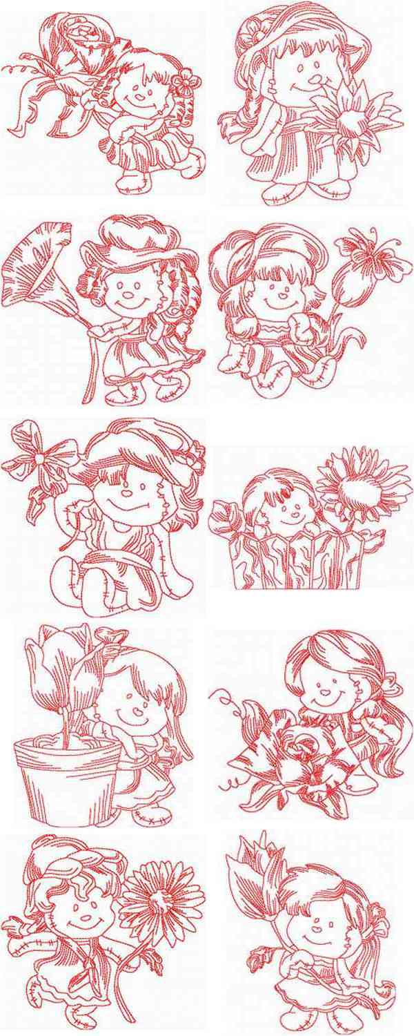 JN Rag Dolls Flowers Embroidery Machine Design Details