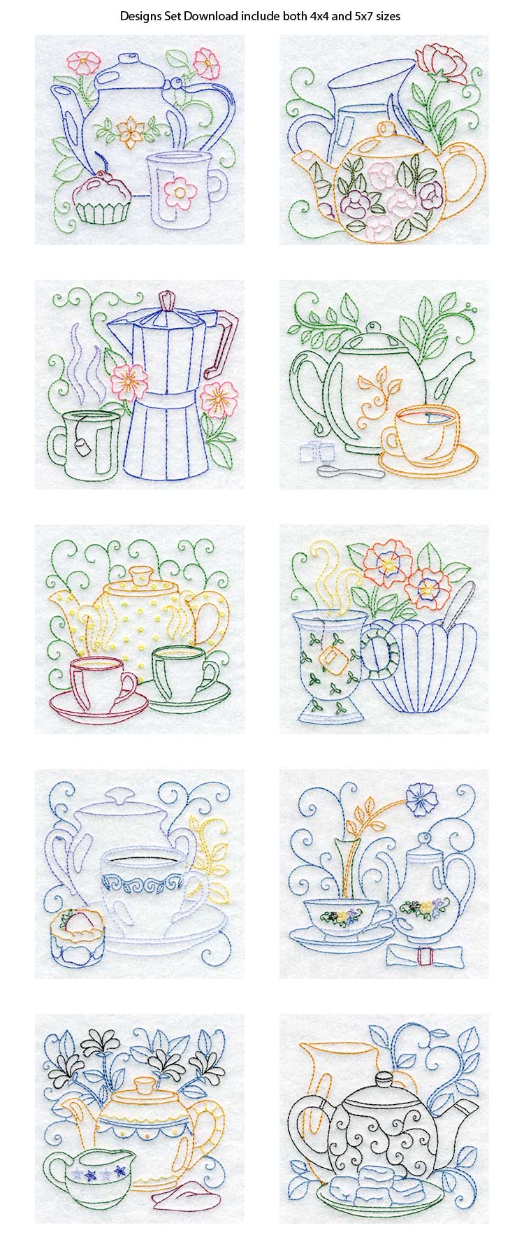 Line Art Tea Pots Embroidery Machine Design Details
