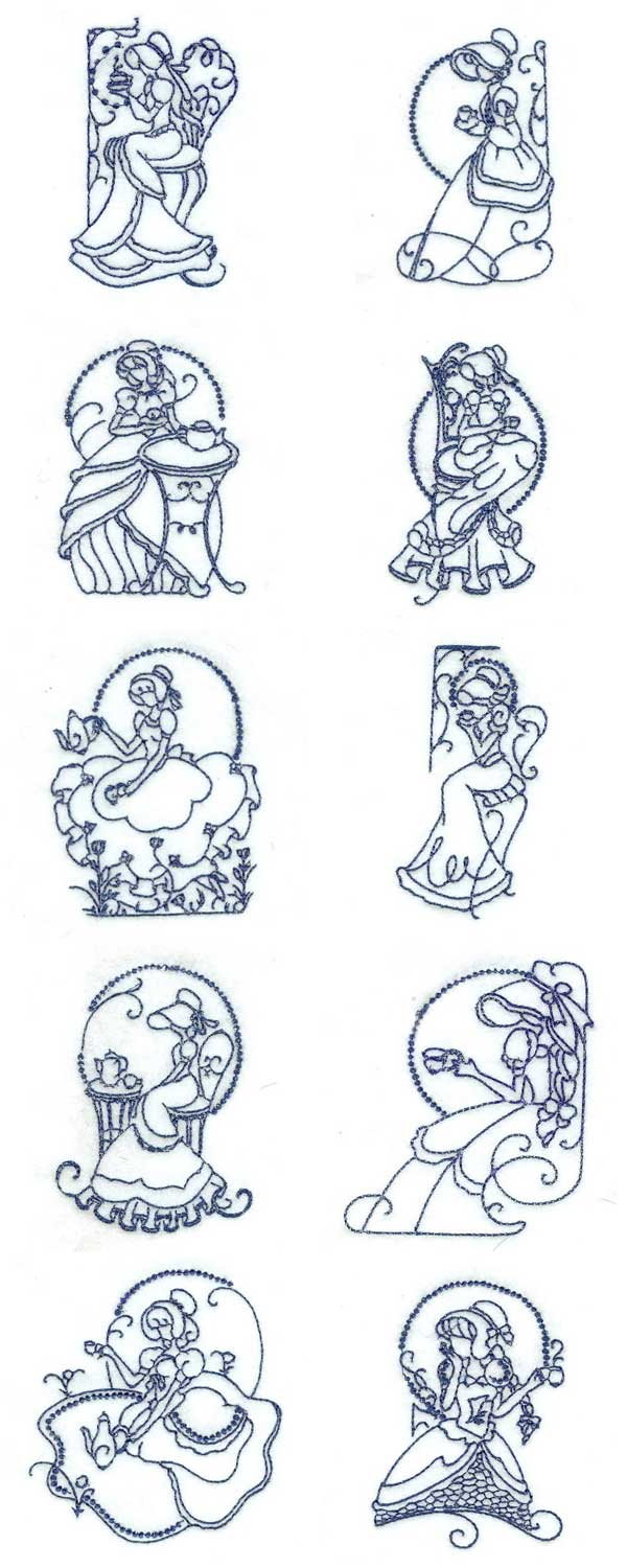 Line Art Tea Time Ladies Embroidery Machine Design Details