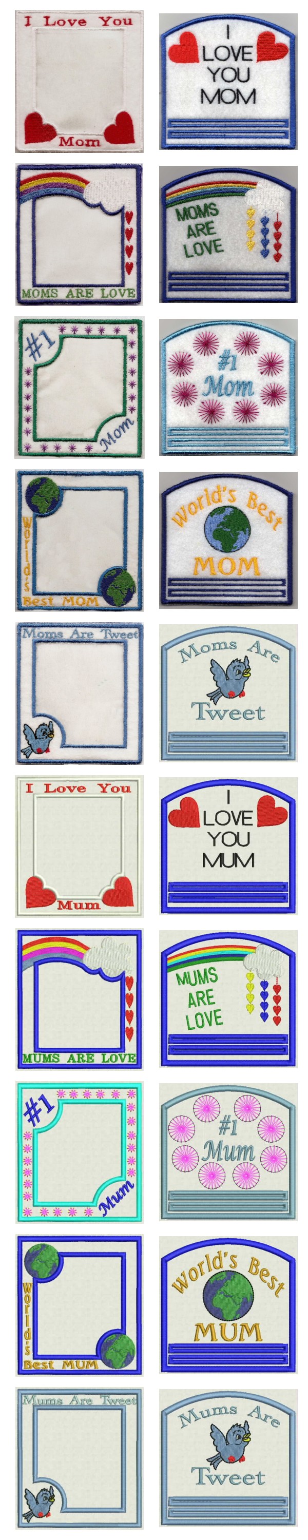 Mothers Day Photo Frames and Notepad Holders Embroidery Machine Design Details