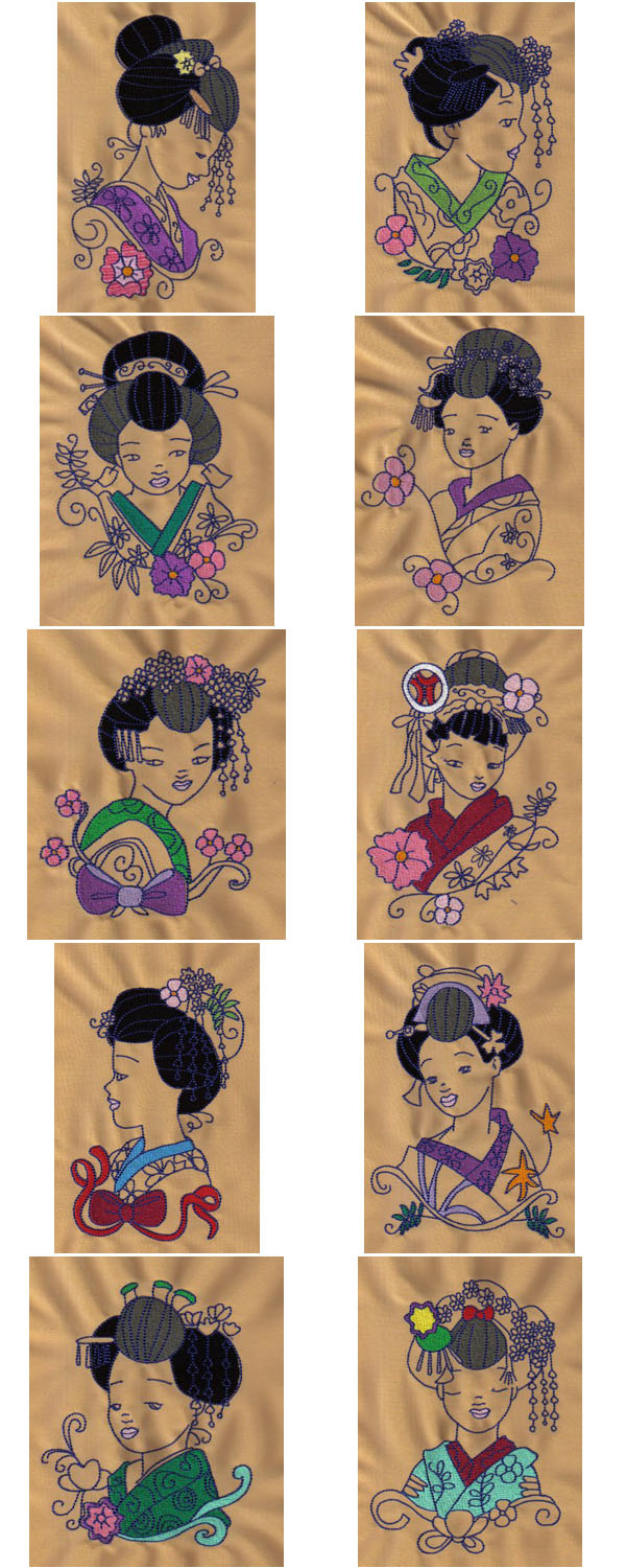 Partial Filled Geishas Embroidery Machine Design Details