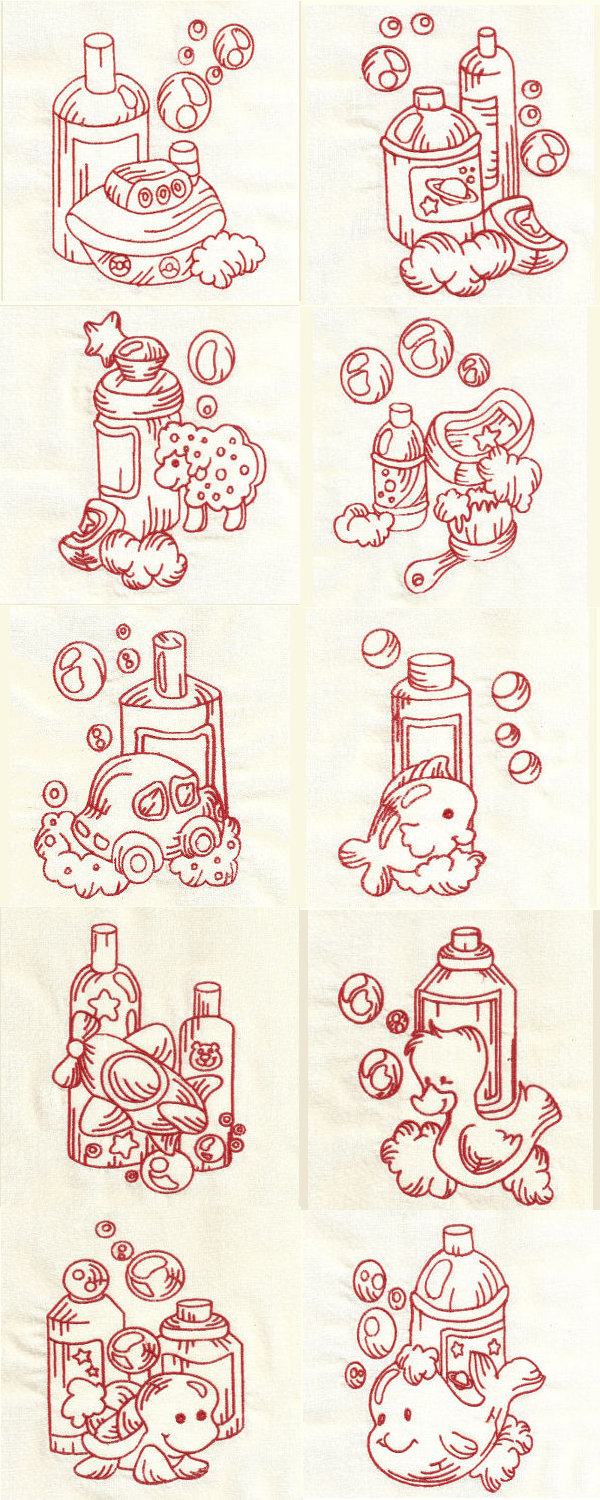 Redwork Baby Bathtime Embroidery Machine Design Details