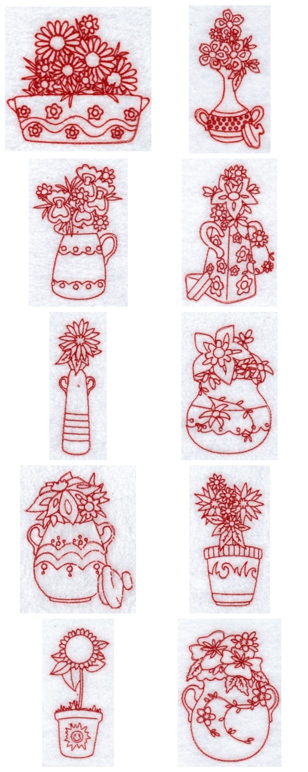 Redwork Floral Vases Embroidery Machine Design Details