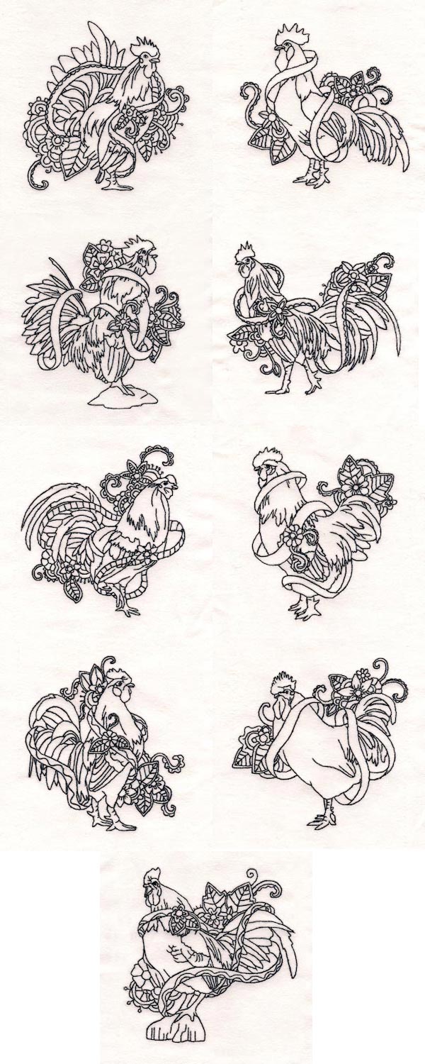 Roosters In Ink Embroidery Machine Design Details