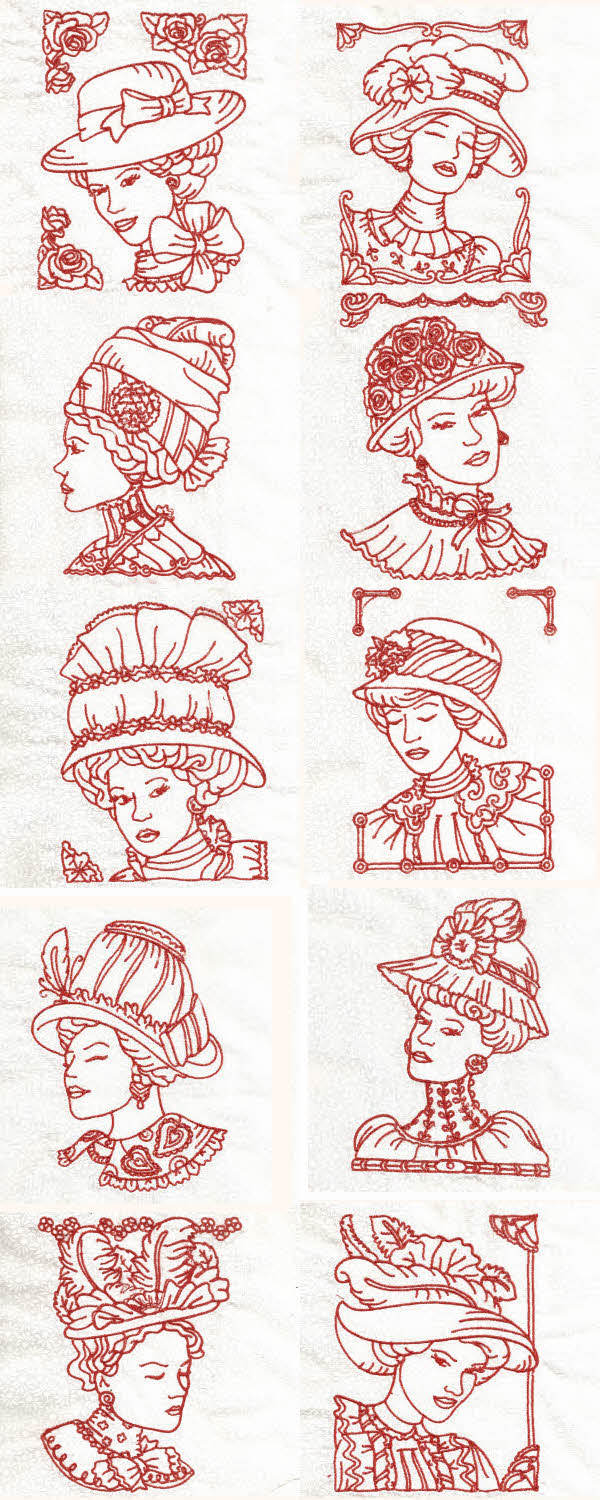 Redwork Victorian Women Embroidery Machine Design Details