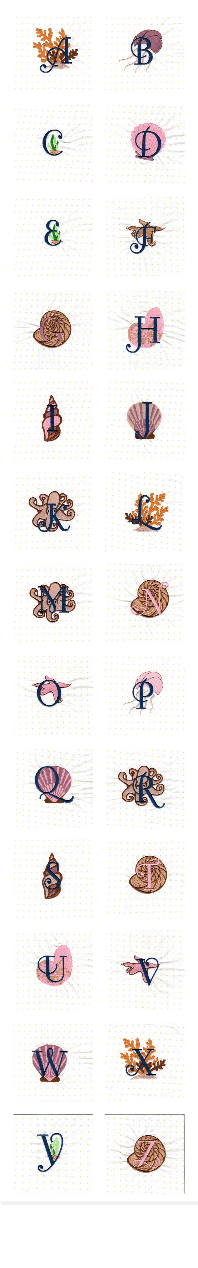 Seashore Monogram Alphabet Embroidery Machine Design Details