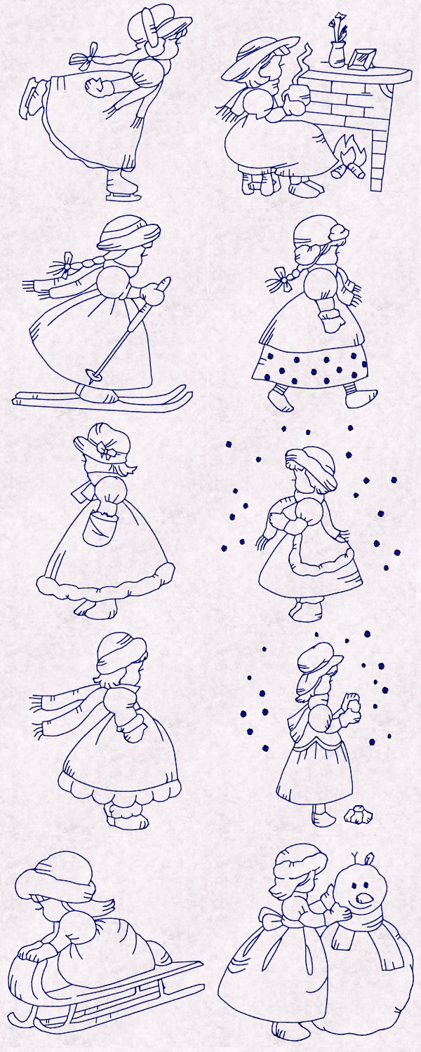 Winter Girls Redwork Embroidery Machine Design Details