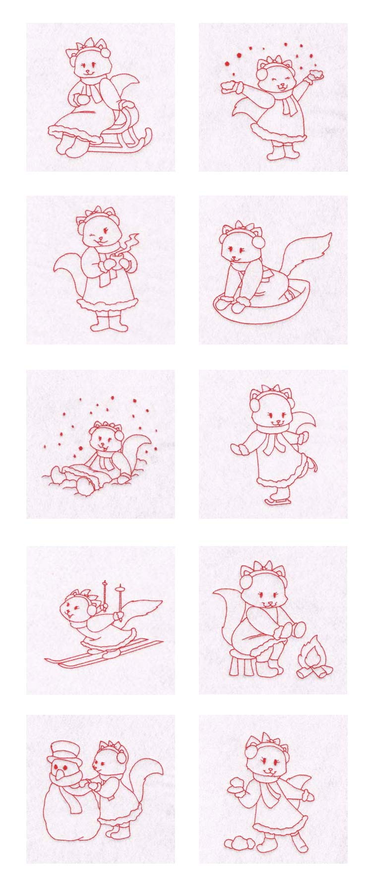 Winter Time Kitties Redwork Embroidery Machine Design Details
